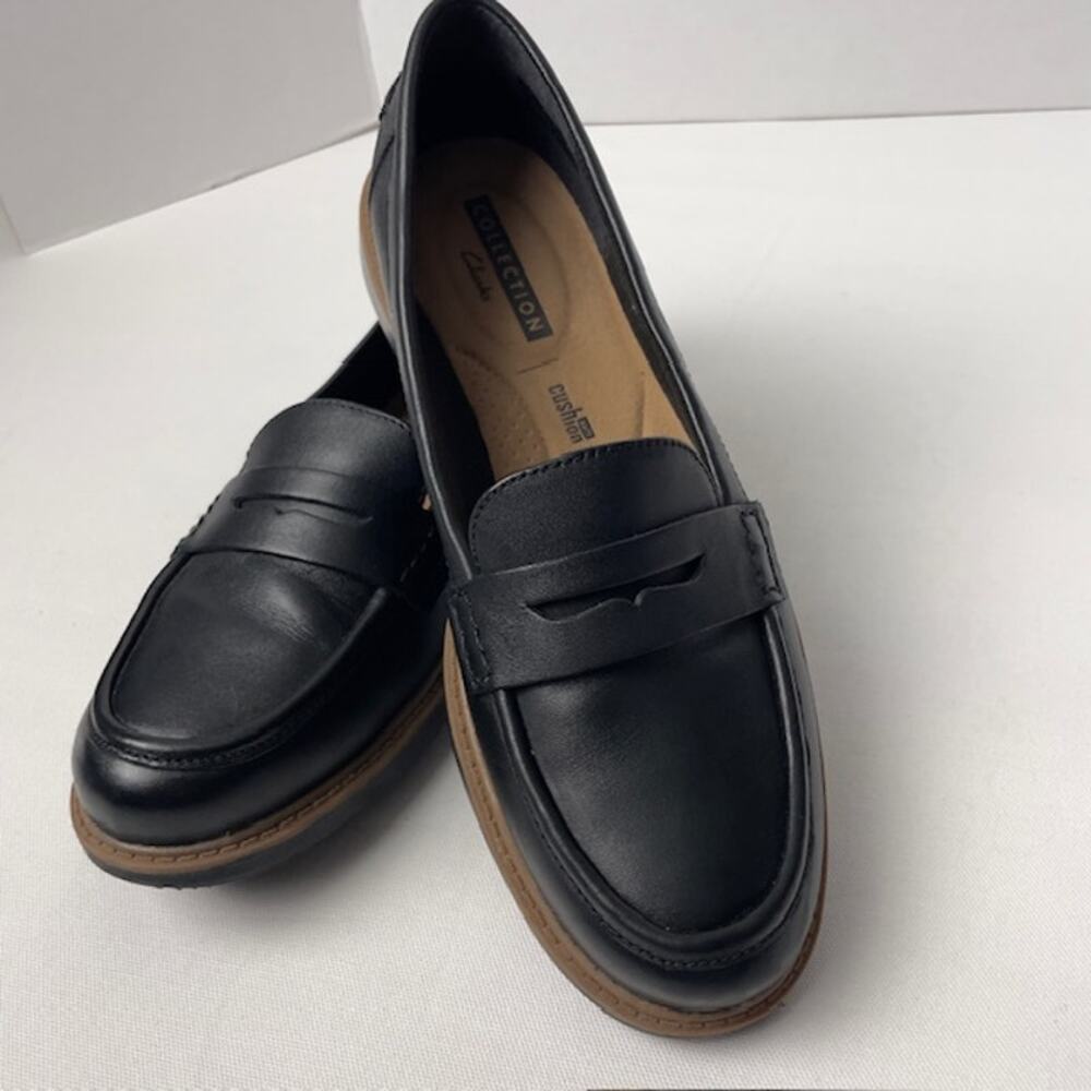 Clarks Collection Leather Penny Loafers Black Comfort Slip On Shoes Womens 8.5